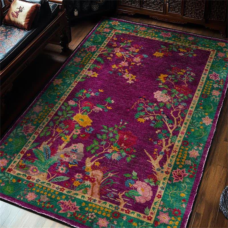 Vintage Floral Anti-Slip Washable Area Rug | Foldable Decorative Carpet for Living Room & Bedroom | Soft Polyester Floor Rug
