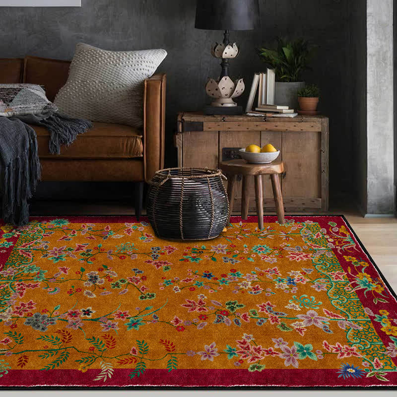 Retro Garden Foldable Area Rug | Anti-Slip Washable Floral Carpet | Vintage Polyester Rug for Living Room, Picnic & Indoor Outdoor Use