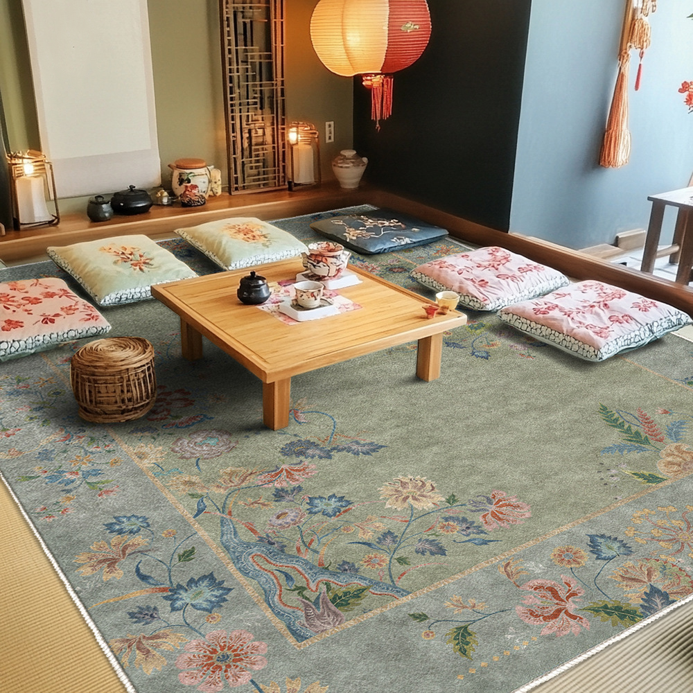 Vintage Floral Washable Area Rug for Living Room | Foldable Anti-Slip Carpet | Retro Polyester Rug for Home, Picnic & Indoor Use