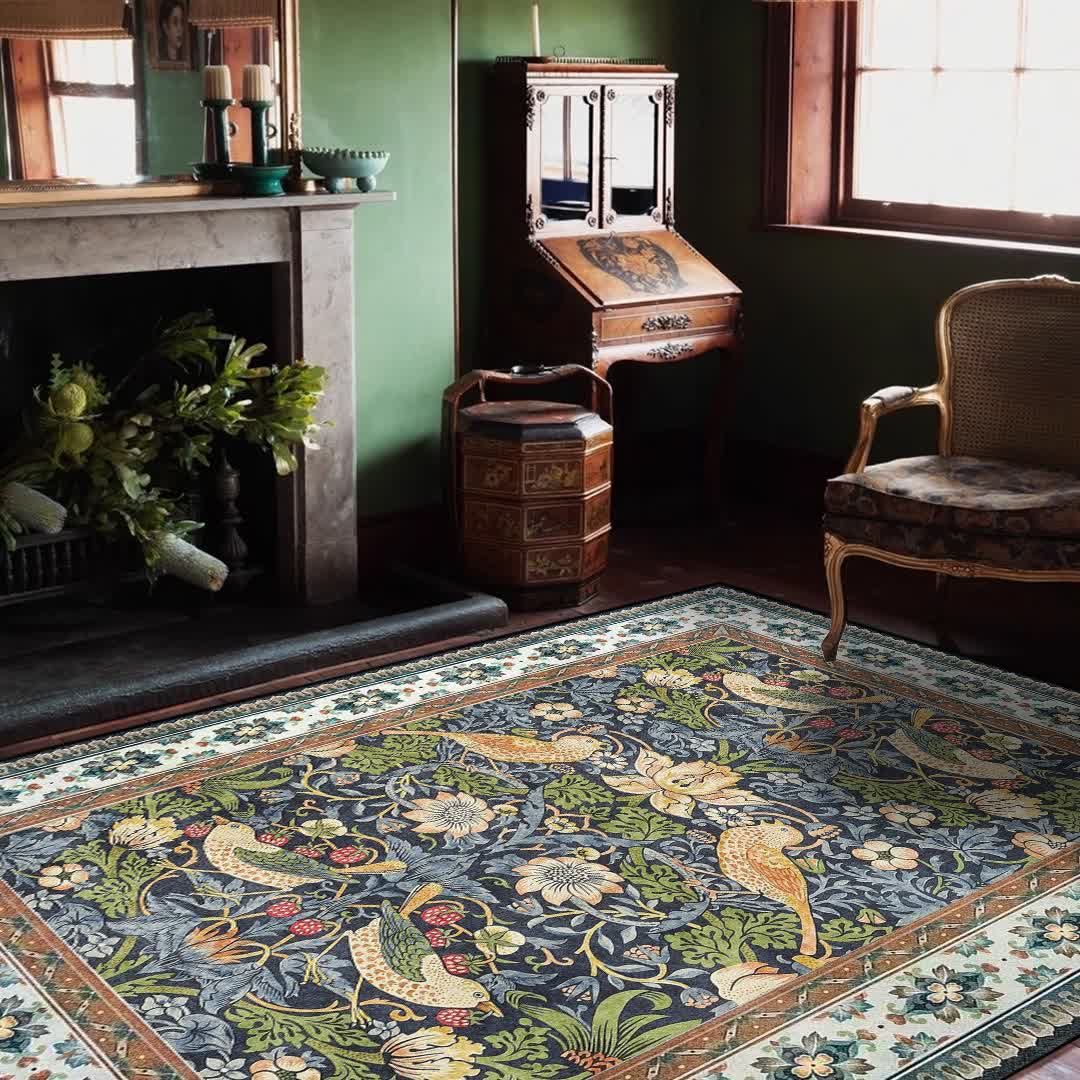 Foldable Floral Bird Area Rug for Living Room & Bedroom | Anti-Slip Washable Carpet | Soft Polyester Indoor & Outdoor Rug