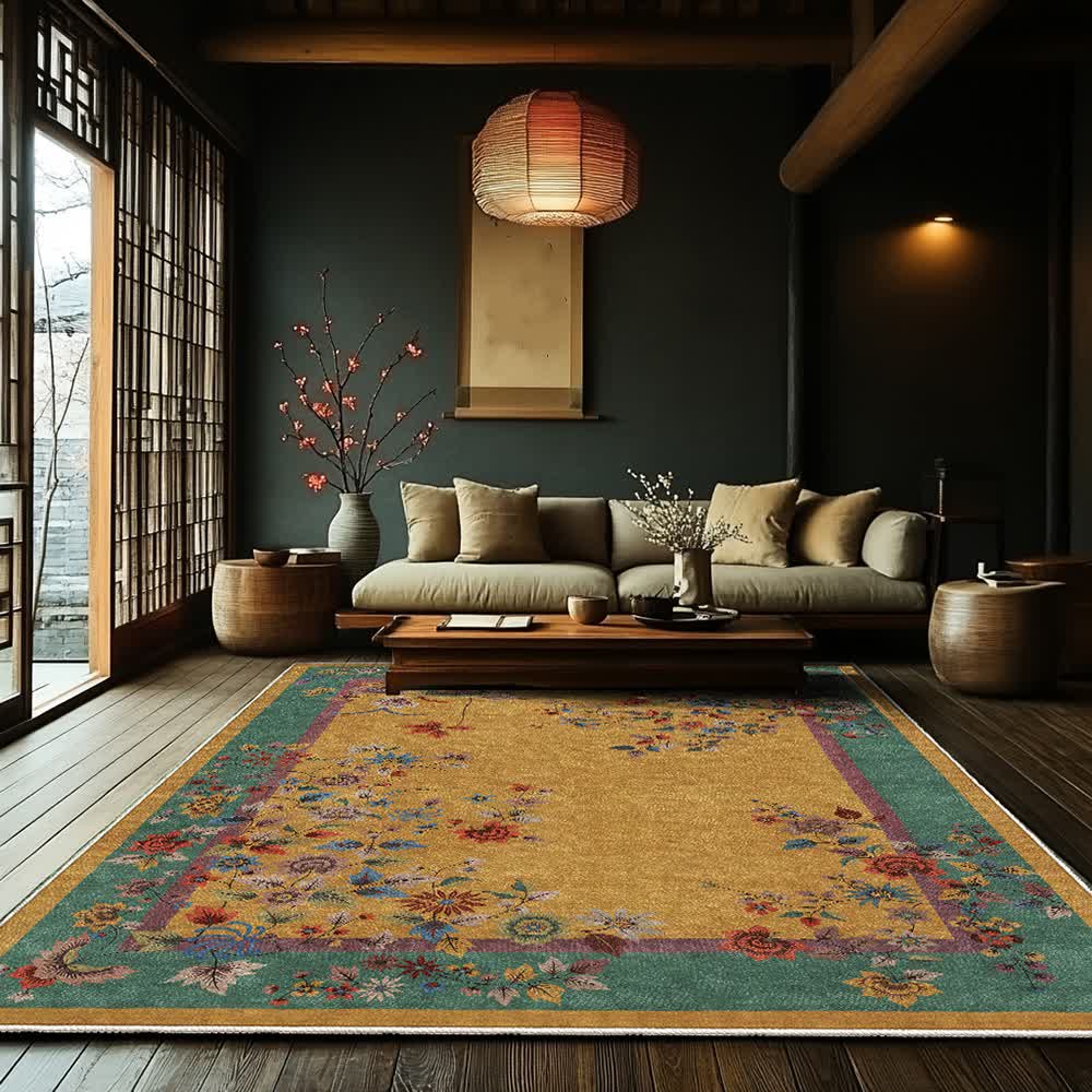 Vintage Floral Washable Area Rug for Living Room | Anti-Slip Foldable Carpet | Machine Washable Polyester Rug | Elegant Home Décor