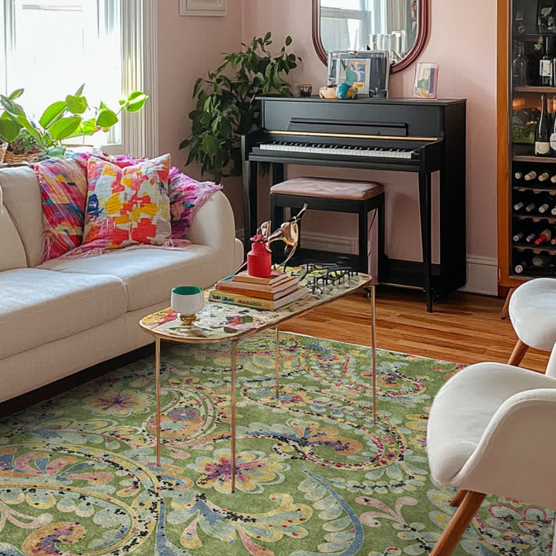Ethnic Paisley Indoor Outdoor Area Rug | Anti-Slip Washable Foldable Carpet | Durable Polyester Rug for Patio Living Room & Entryway