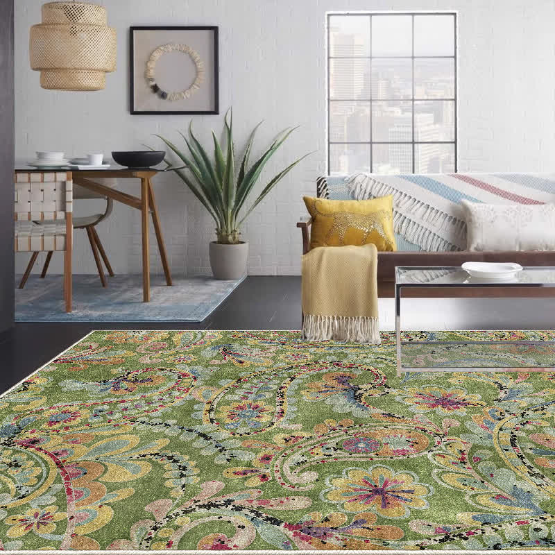 Ethnic Paisley Indoor Outdoor Area Rug | Anti-Slip Washable Foldable Carpet | Durable Polyester Rug for Patio Living Room & Entryway
