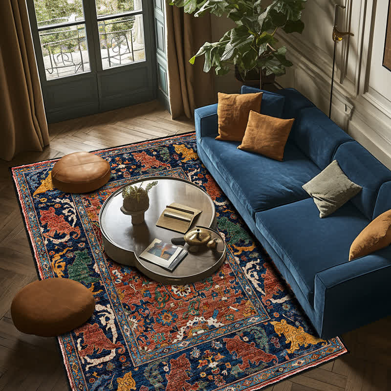 Vintage Ethnic Indoor Outdoor Area Rug | Anti-Slip Washable Foldable Carpet | Traditional Pattern Polyester Rug for Patio Living Room & Entryway