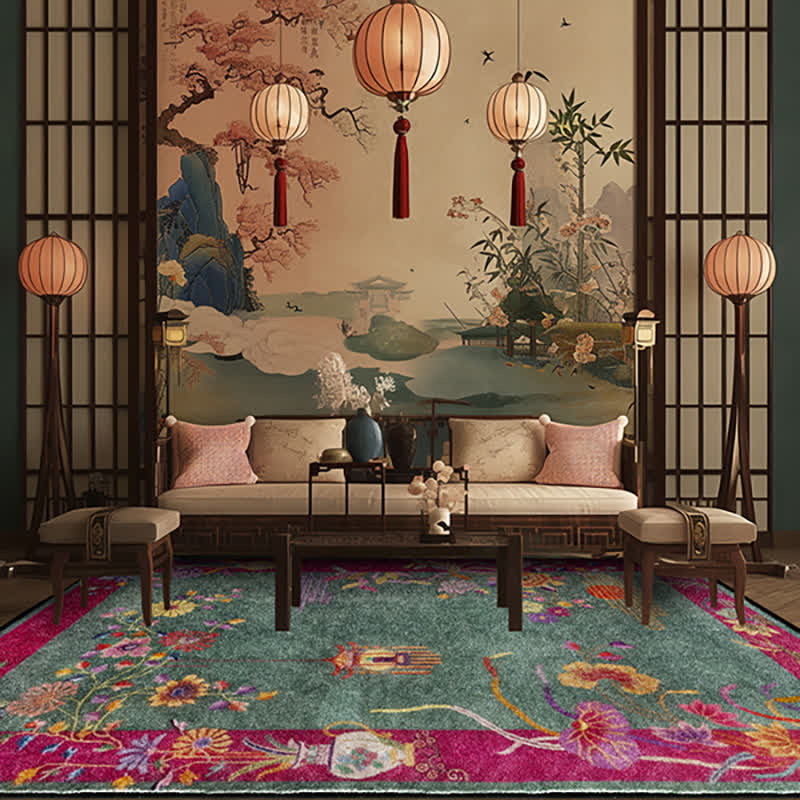 Oriental Floral Anti-Slip Washable Area Rug | Foldable Machine Washable Polyester Floor Carpet | Soft Indoor Living Room Rug