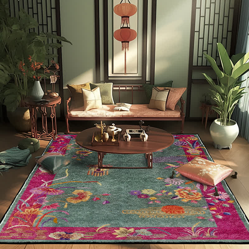 Oriental Floral Anti-Slip Washable Area Rug | Foldable Machine Washable Polyester Floor Carpet | Soft Indoor Living Room Rug