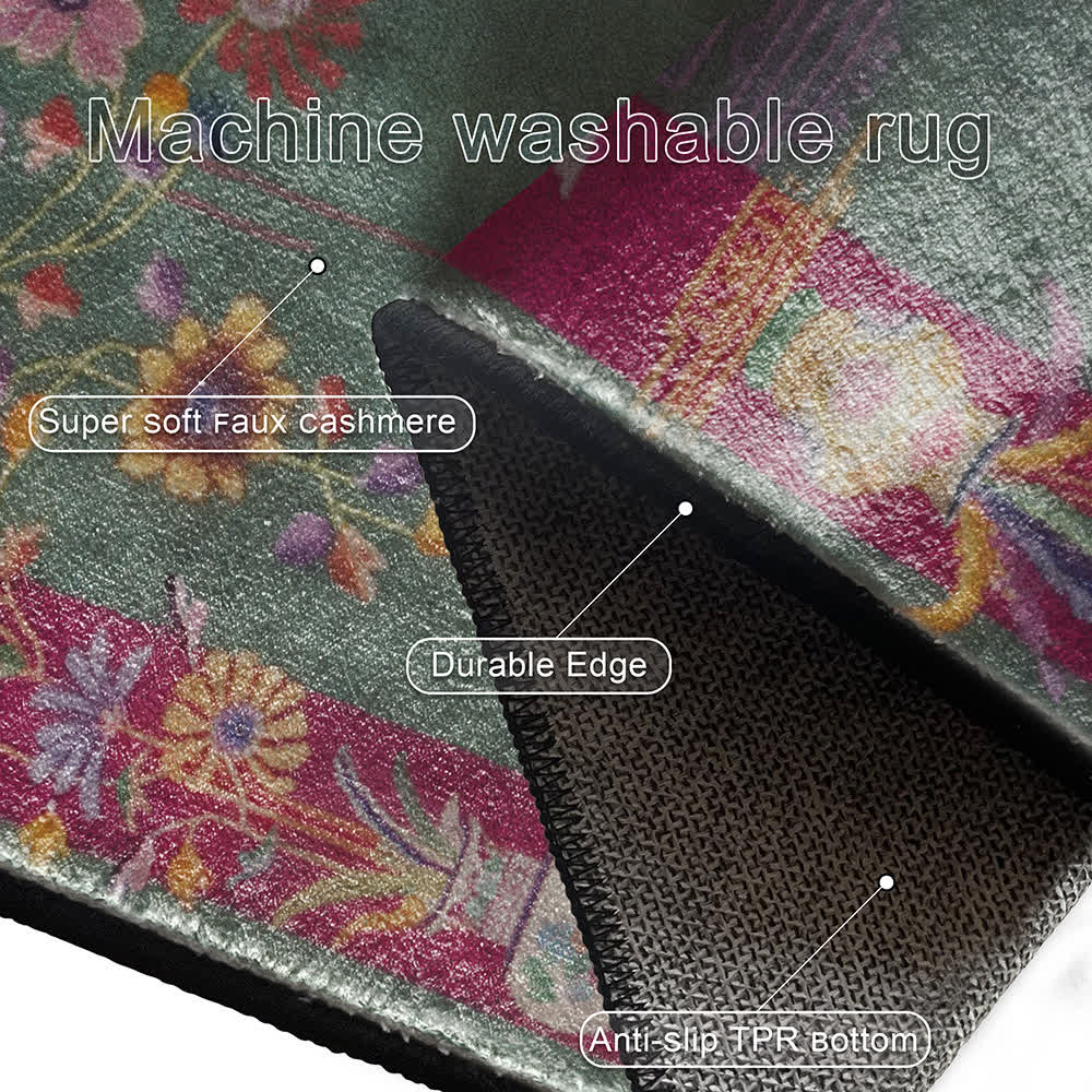 Oriental Floral Anti-Slip Washable Area Rug | Foldable Machine Washable Polyester Floor Carpet | Soft Indoor Living Room Rug