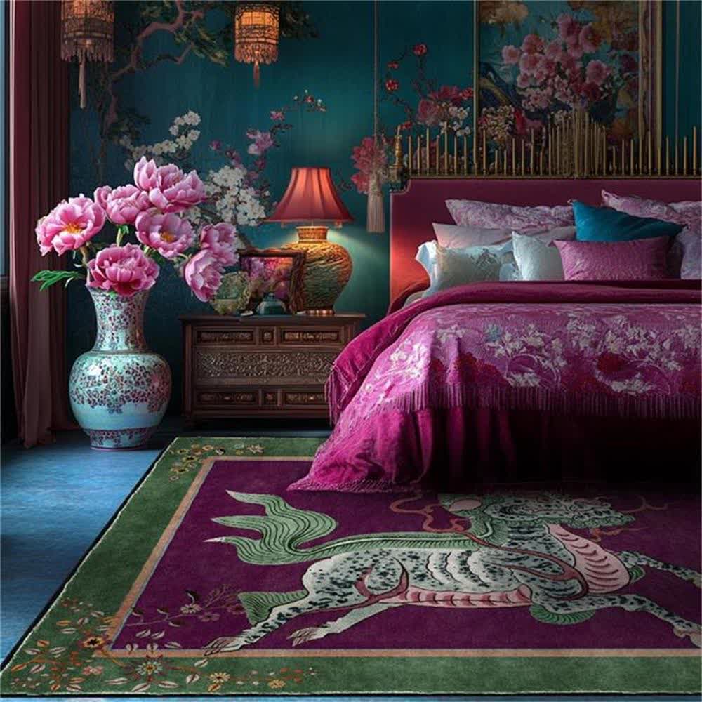Oriental Retro Kirin Washable Area Rug | Soft Anti-Slip Foldable Carpet | Vintage Japanese Style Polyester Floor Rug | Decorative Home Décor