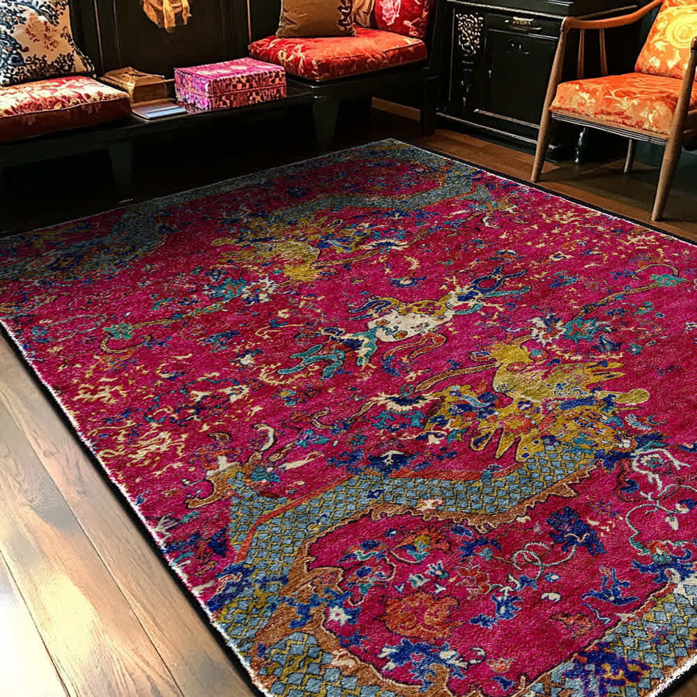 Oriental Dragon Washable Area Rug | Soft Foldable Anti-Slip Polyester Carpet | Vintage Asian Style Decorative Floor Rug | Home Décor