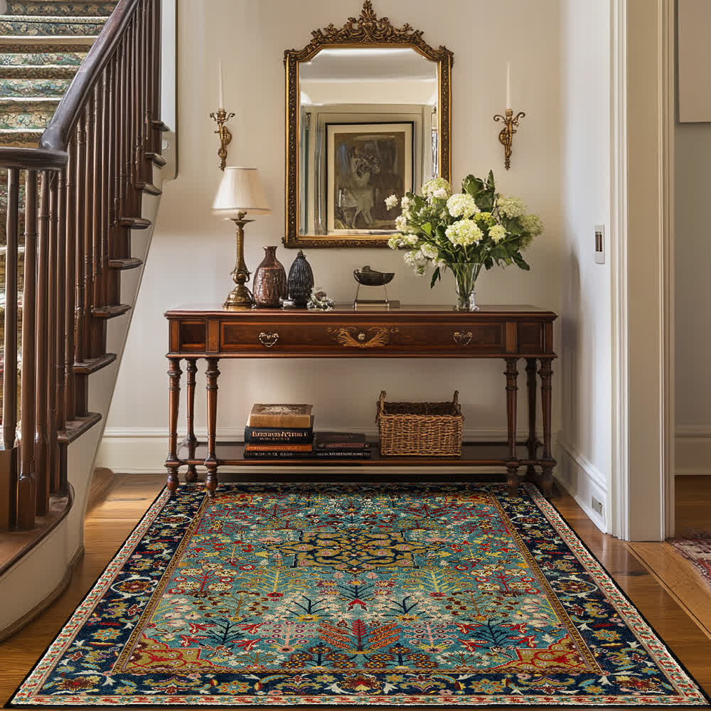 Bohemian Floral Indoor Outdoor Anti-Slip Rug | Washable Foldable Decorative Carpet for Patio, Living Room & Bedroom | Polyester Area Rug