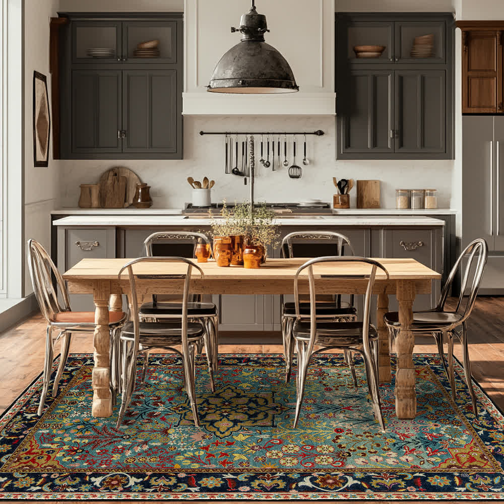 Bohemian Floral Indoor Outdoor Anti-Slip Rug | Washable Foldable Decorative Carpet for Patio, Living Room & Bedroom | Polyester Area Rug