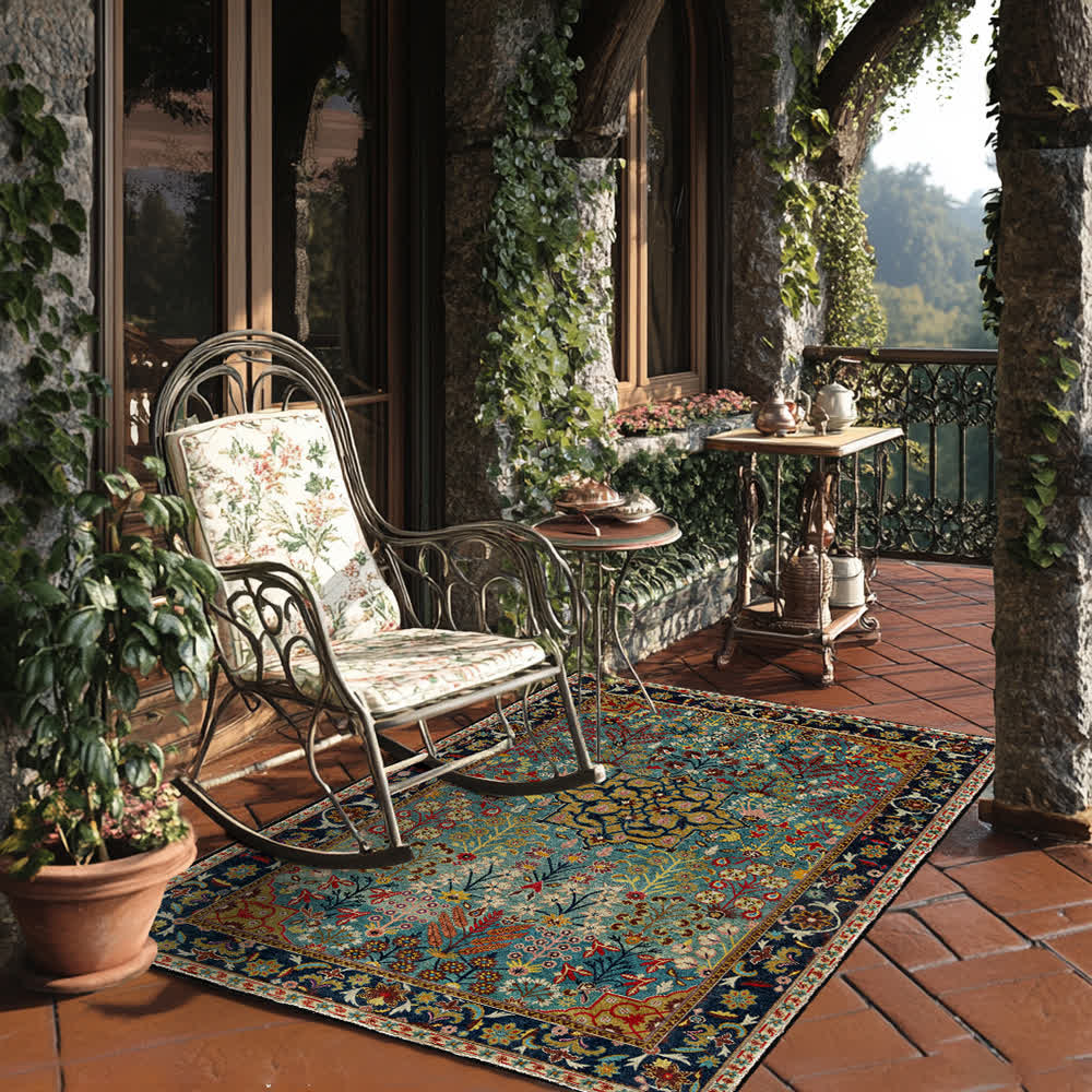 Bohemian Floral Indoor Outdoor Anti-Slip Rug | Washable Foldable Decorative Carpet for Patio, Living Room & Bedroom | Polyester Area Rug