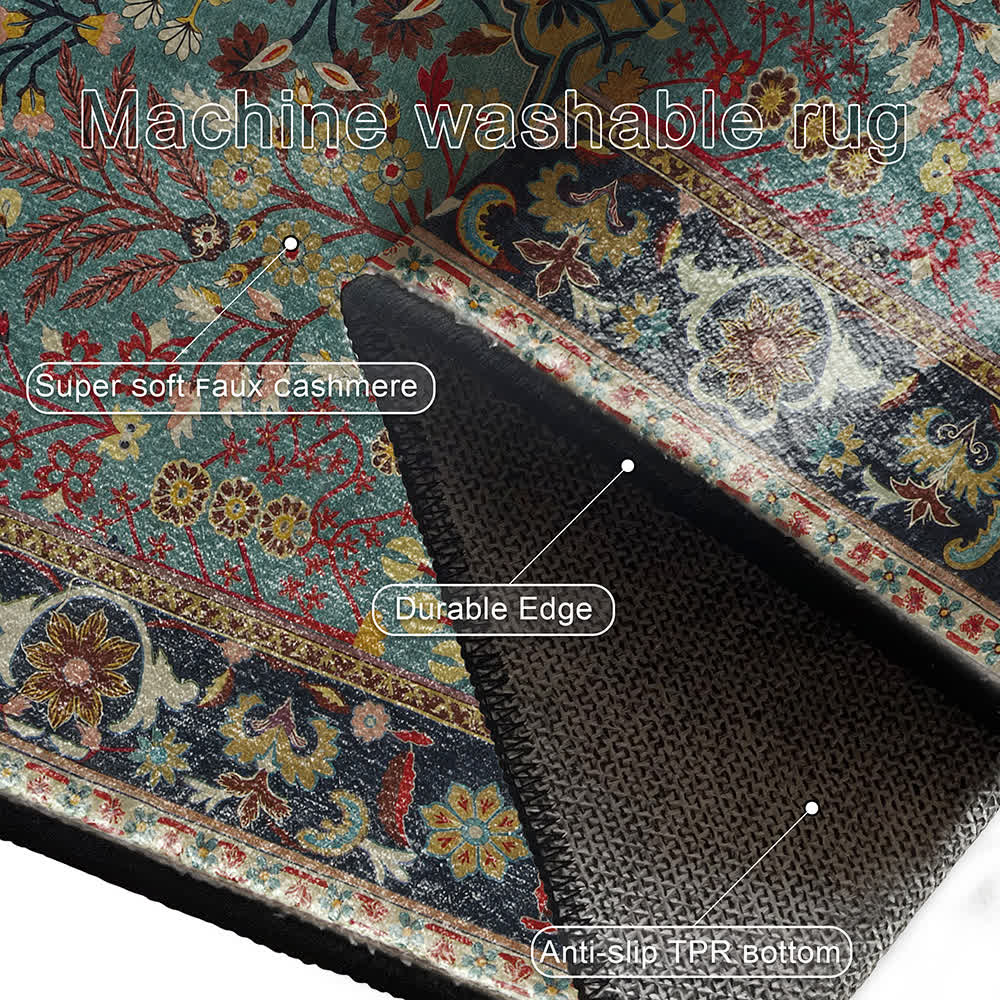 Bohemian Floral Indoor Outdoor Anti-Slip Rug | Washable Foldable Decorative Carpet for Patio, Living Room & Bedroom | Polyester Area Rug