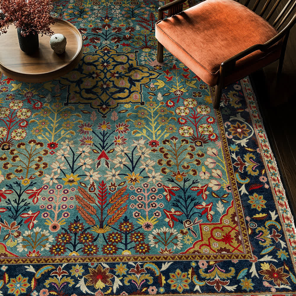 Bohemian Floral Indoor Outdoor Anti-Slip Rug | Washable Foldable Decorative Carpet for Patio, Living Room & Bedroom | Polyester Area Rug