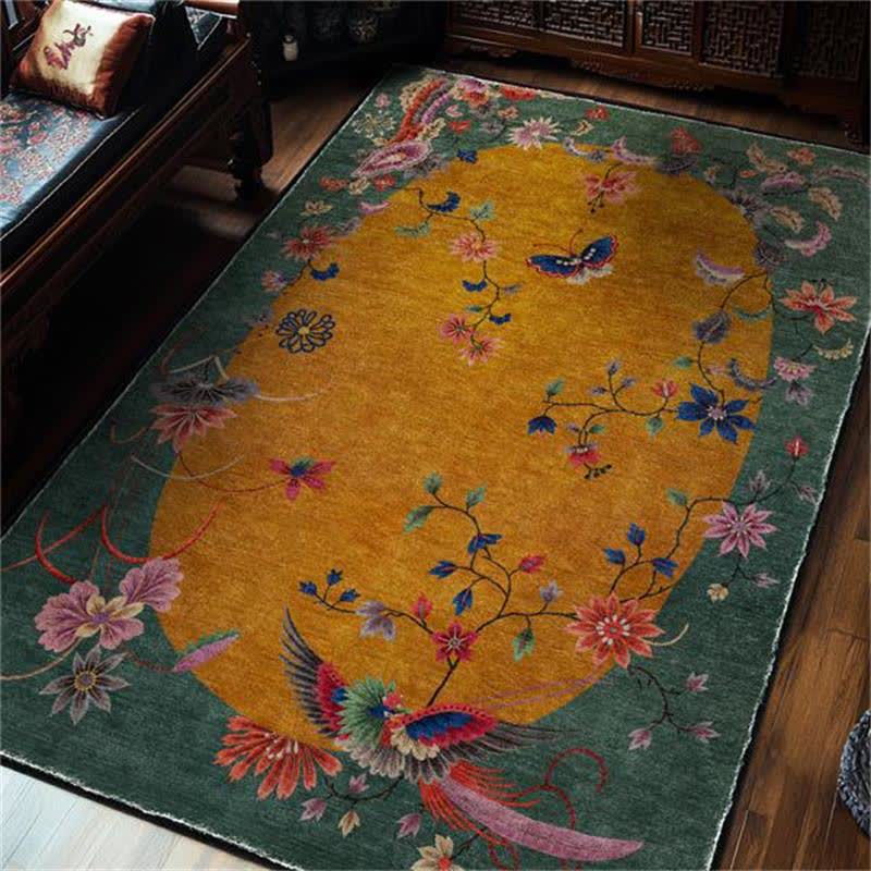 Floral Bird Anti-Slip Foldable Area Rug | Washable Decorative Carpet for Living Room & Bedroom | Soft Polyester Floor Rug