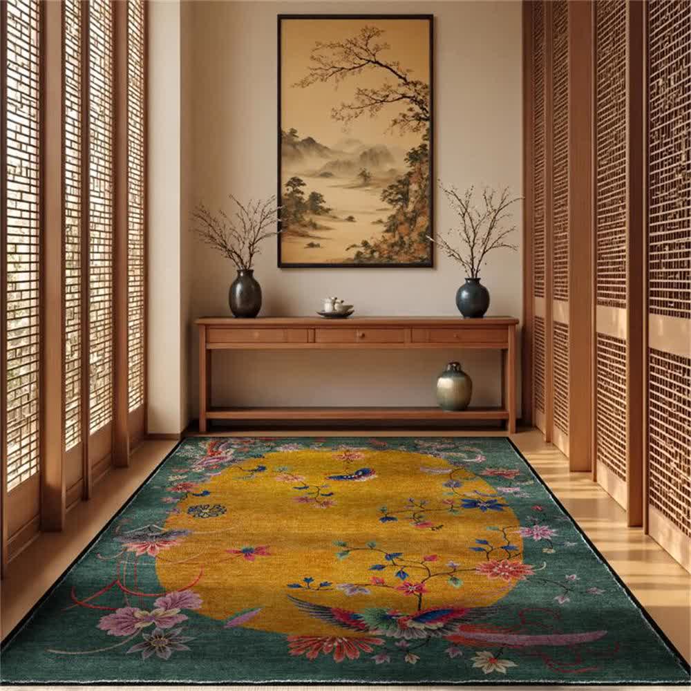 Floral Bird Anti-Slip Foldable Area Rug | Washable Decorative Carpet for Living Room & Bedroom | Soft Polyester Floor Rug
