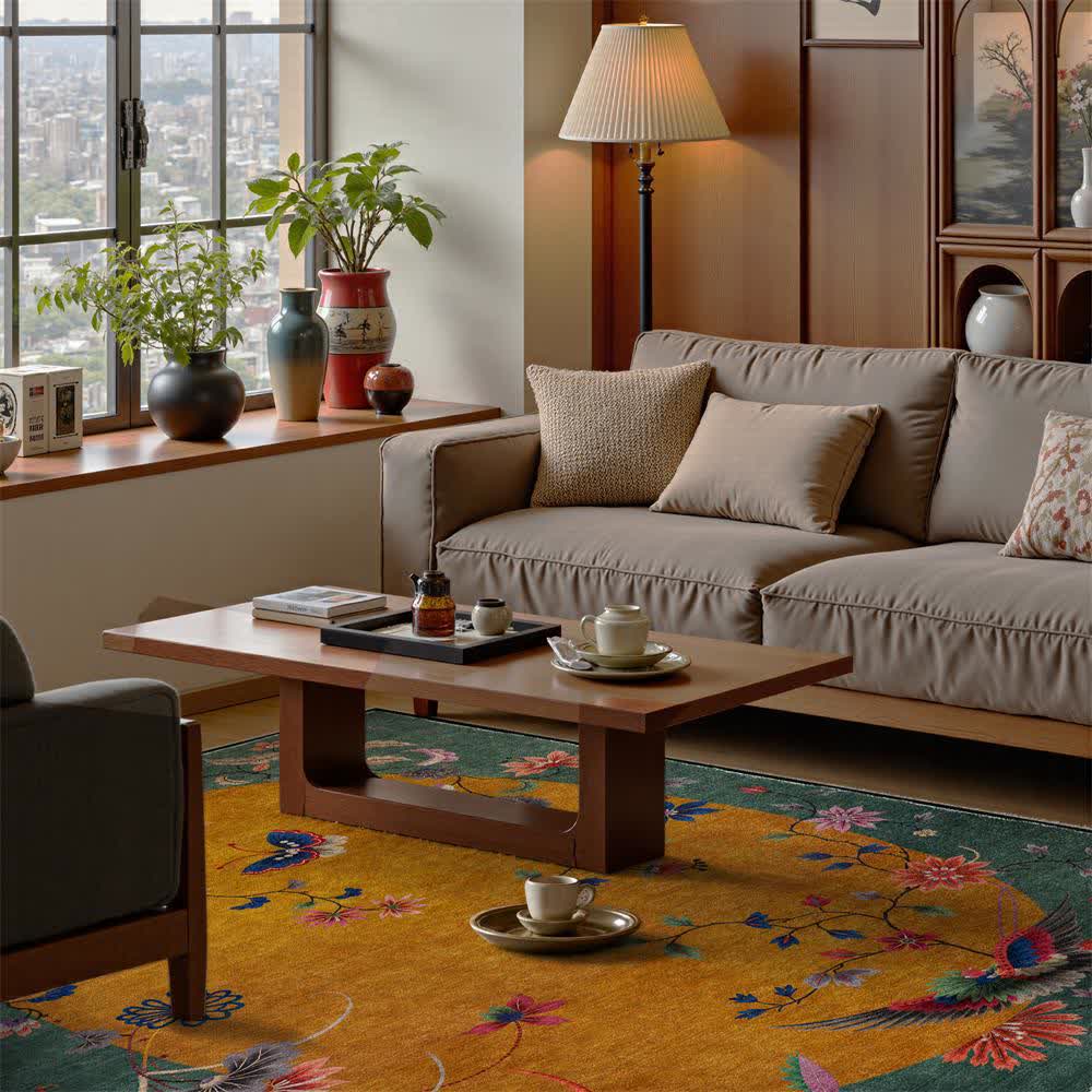 Floral Bird Anti-Slip Foldable Area Rug | Washable Decorative Carpet for Living Room & Bedroom | Soft Polyester Floor Rug