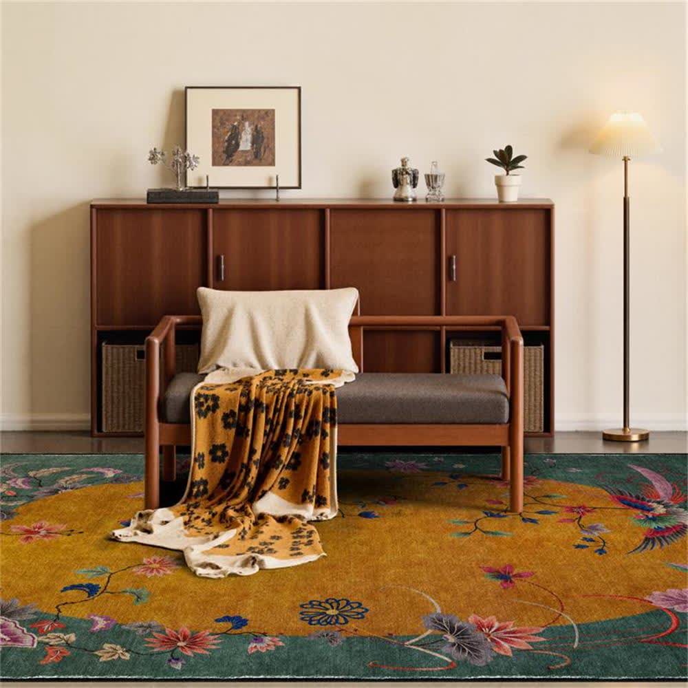 Floral Bird Anti-Slip Foldable Area Rug | Washable Decorative Carpet for Living Room & Bedroom | Soft Polyester Floor Rug
