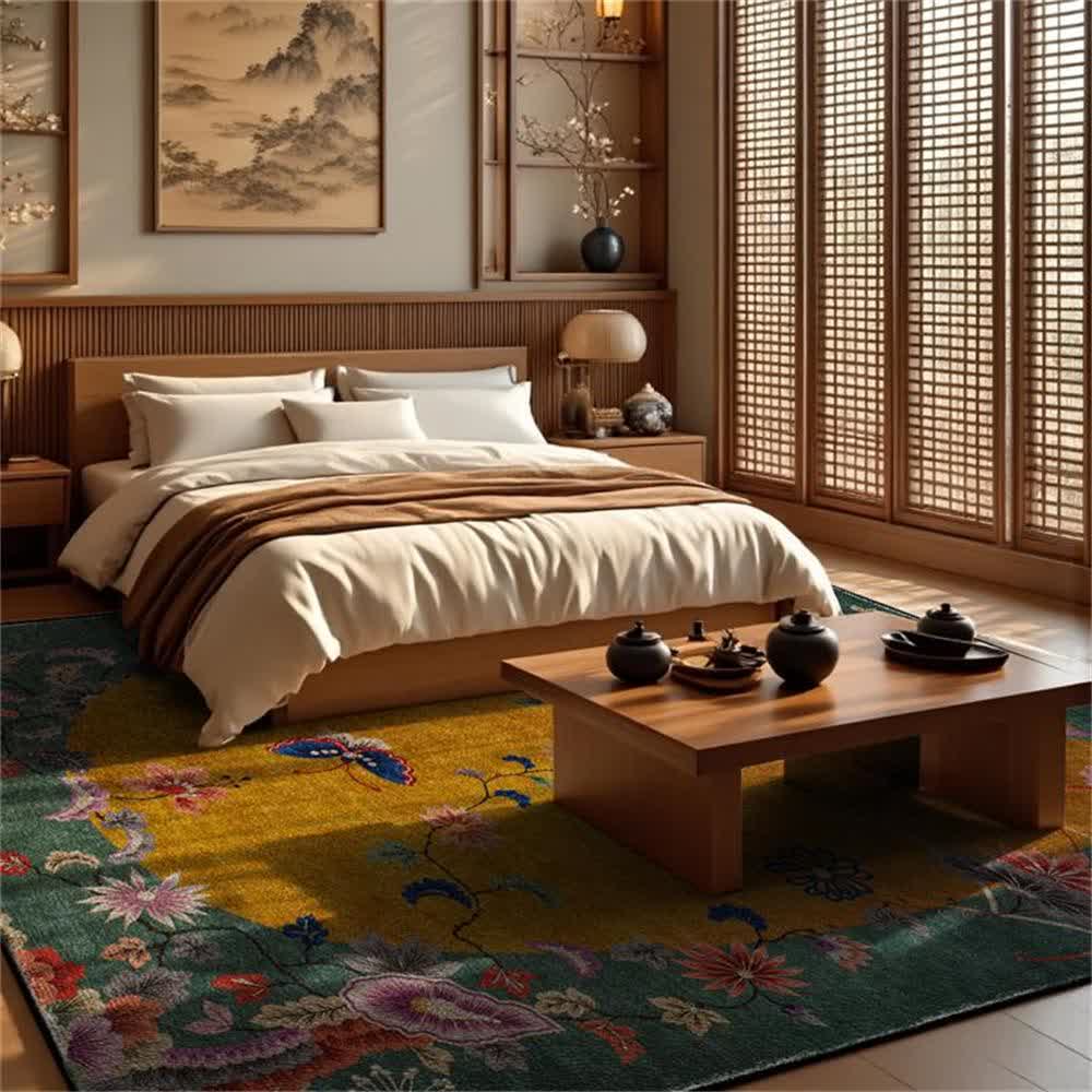 Floral Bird Anti-Slip Foldable Area Rug | Washable Decorative Carpet for Living Room & Bedroom | Soft Polyester Floor Rug