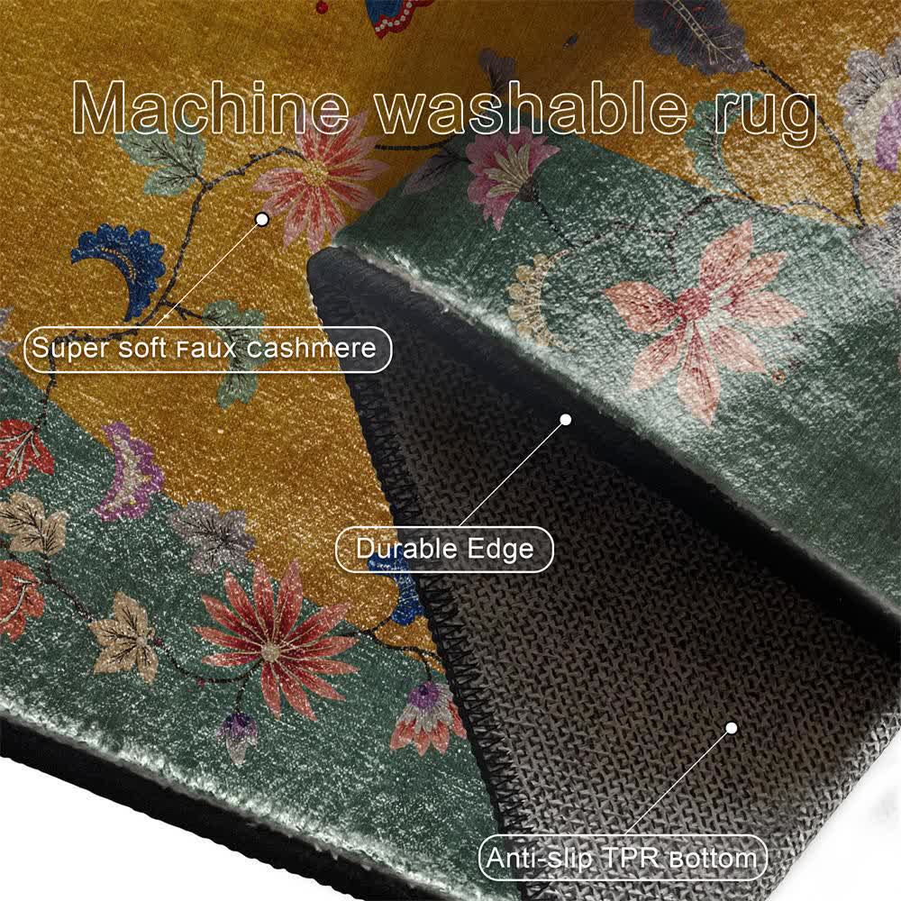 Floral Bird Anti-Slip Foldable Area Rug | Washable Decorative Carpet for Living Room & Bedroom | Soft Polyester Floor Rug
