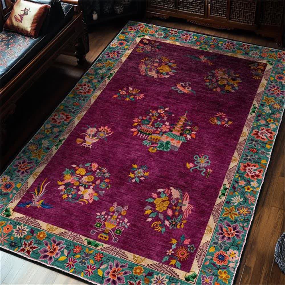 Retro Floral Indoor Outdoor Area Rug | Anti-Slip Washable Foldable Carpet | Vintage Polyester Rug for Patio Living Room & Entryway