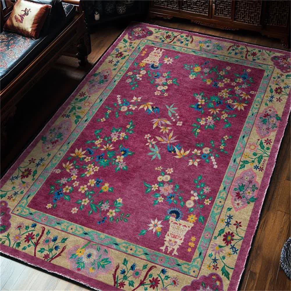 Retro Floral Indoor Outdoor Area Rug | Versatile Polyester Floor Carpet for Living Room, Balcony & Patio | Washable Decorative Rug