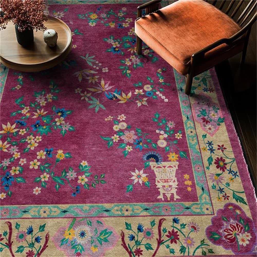 Retro Floral Indoor Outdoor Area Rug | Versatile Polyester Floor Carpet for Living Room, Balcony & Patio | Washable Decorative Rug