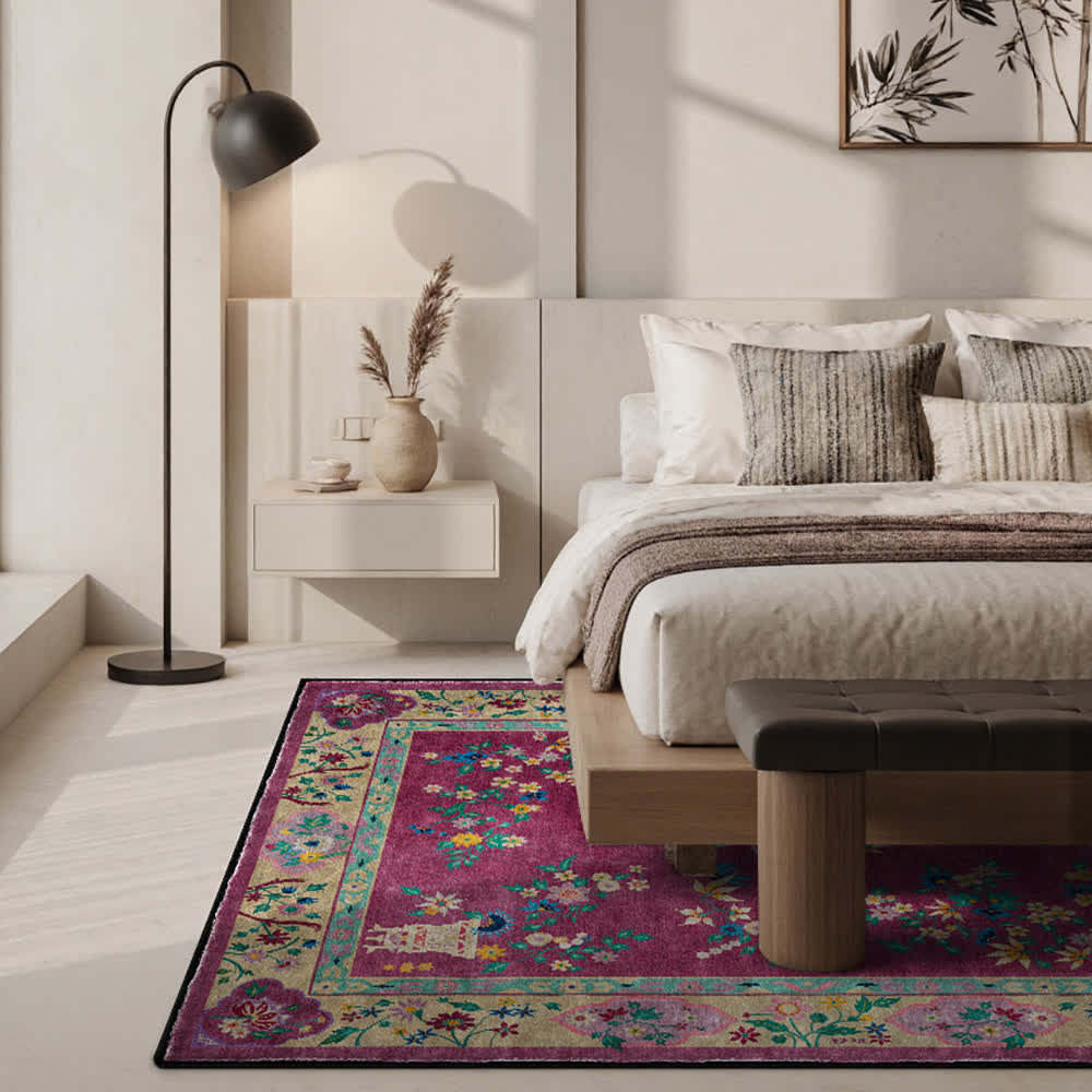Retro Floral Indoor Outdoor Area Rug | Versatile Polyester Floor Carpet for Living Room, Balcony & Patio | Washable Decorative Rug