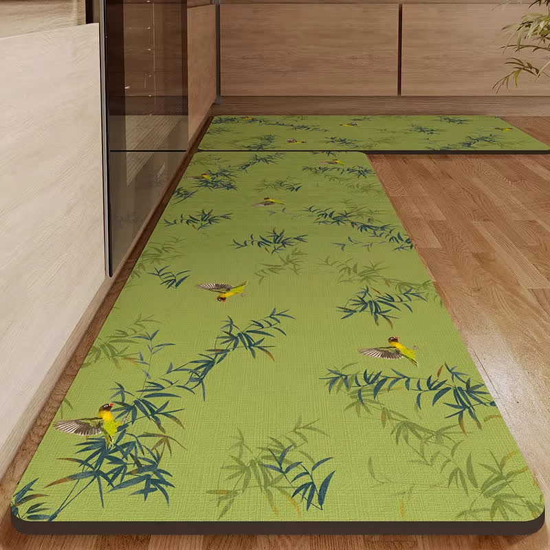Bamboo Bird Kitchen Entryway Rug | Water-Absorbent Non-Slip Diatom Mud Floor Mat | Nature-Inspired Kitchen & Entry Rug | Decorative Home Décor