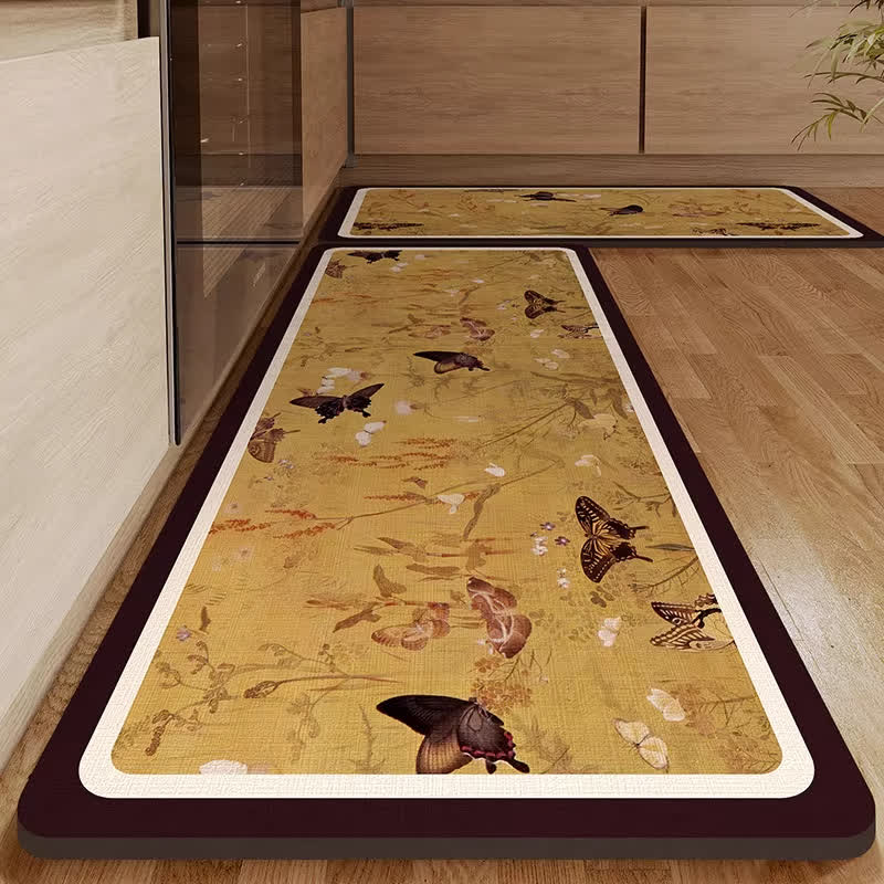 Pastoral Butterfly Water-Absorbent Rug | Quick-Dry Non-Slip Diatom Mud Floor Mat | Floral Bathroom Kitchen Rug