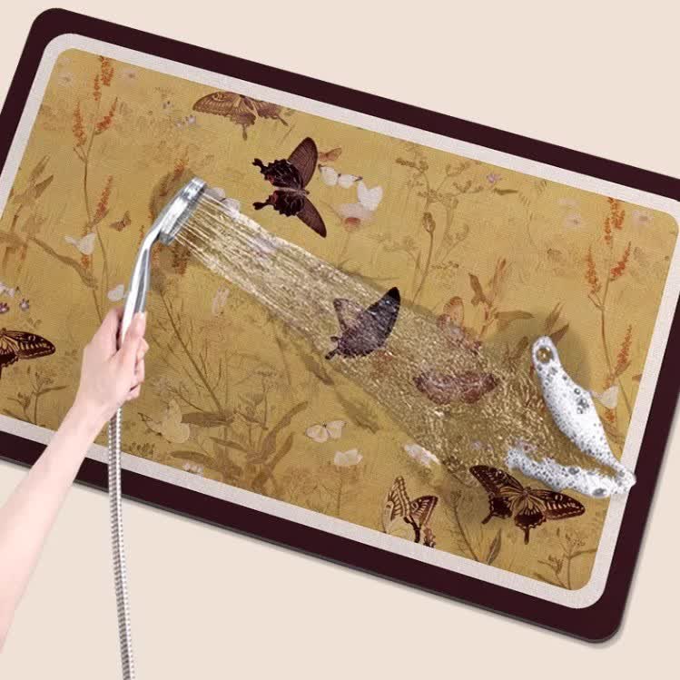Pastoral Butterfly Water-Absorbent Rug | Quick-Dry Non-Slip Diatom Mud Floor Mat | Floral Bathroom Kitchen Rug