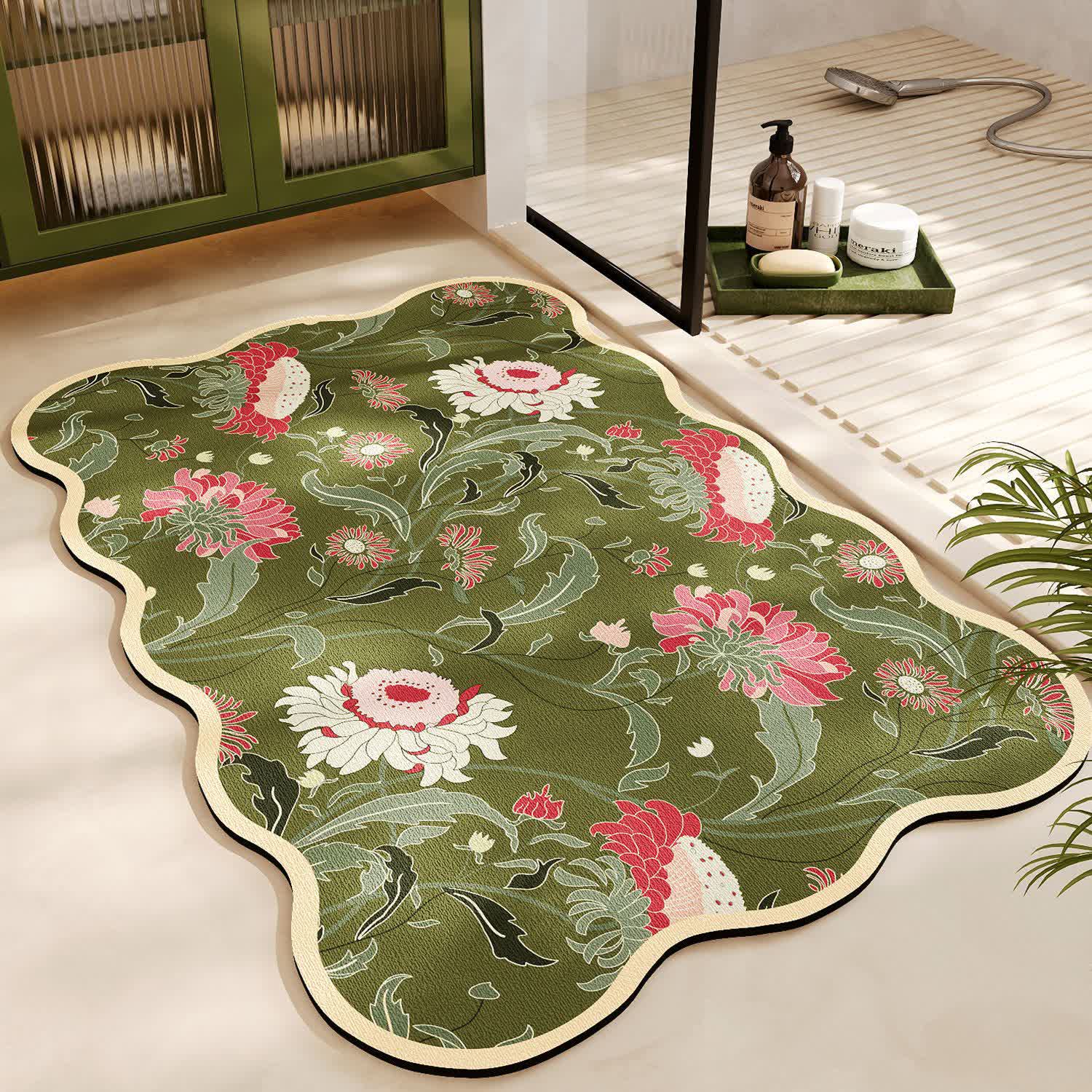 Diatom Mud Floral Anti-Slip Bath Mat | Quick Dry Water Absorbent Bathroom Rug | Botanical Floor Mat for Bathroom & Entryway