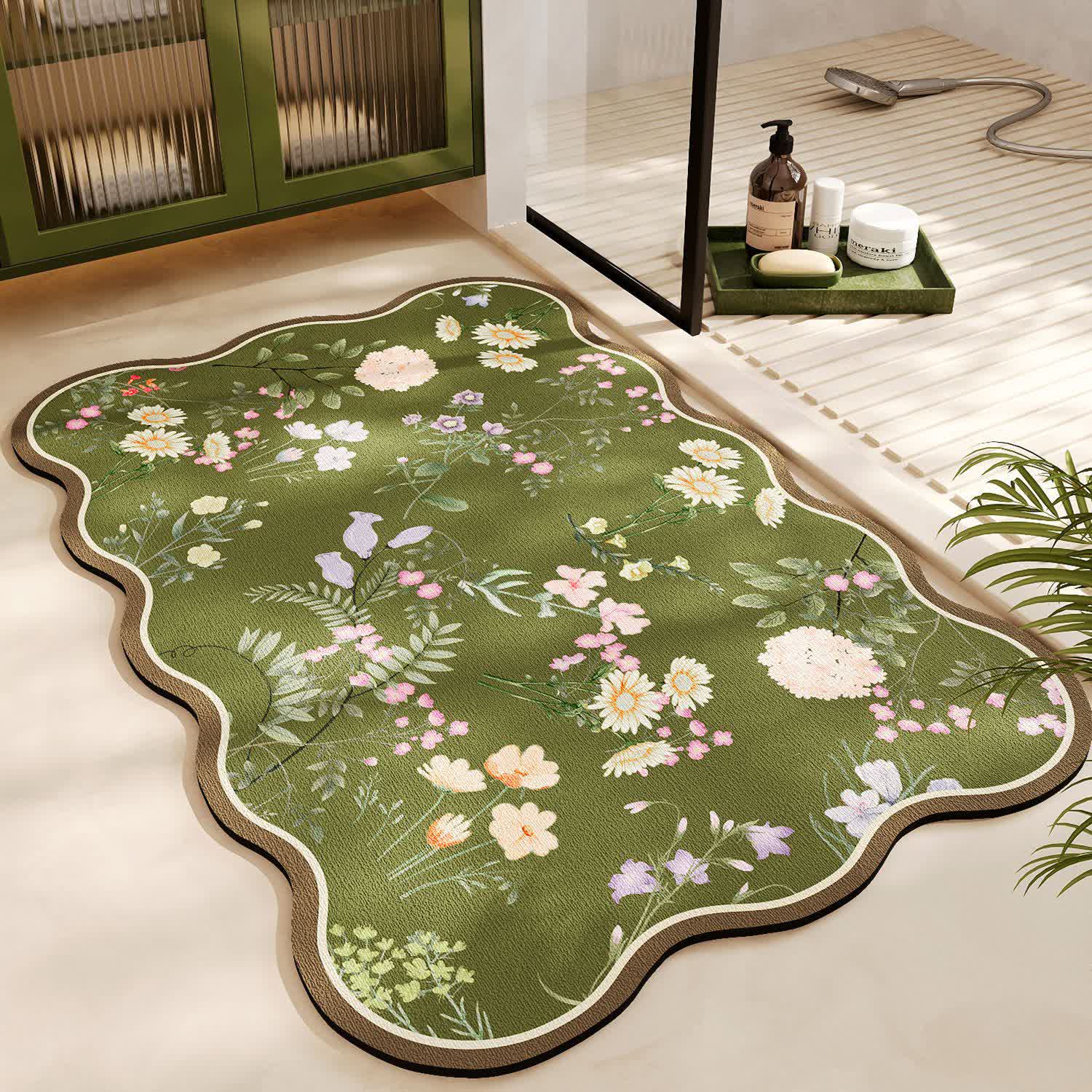 Diatom Mud Floral Anti-Slip Bath Mat | Quick Dry Water Absorbent Bathroom Rug | Botanical Floor Mat for Bathroom & Entryway
