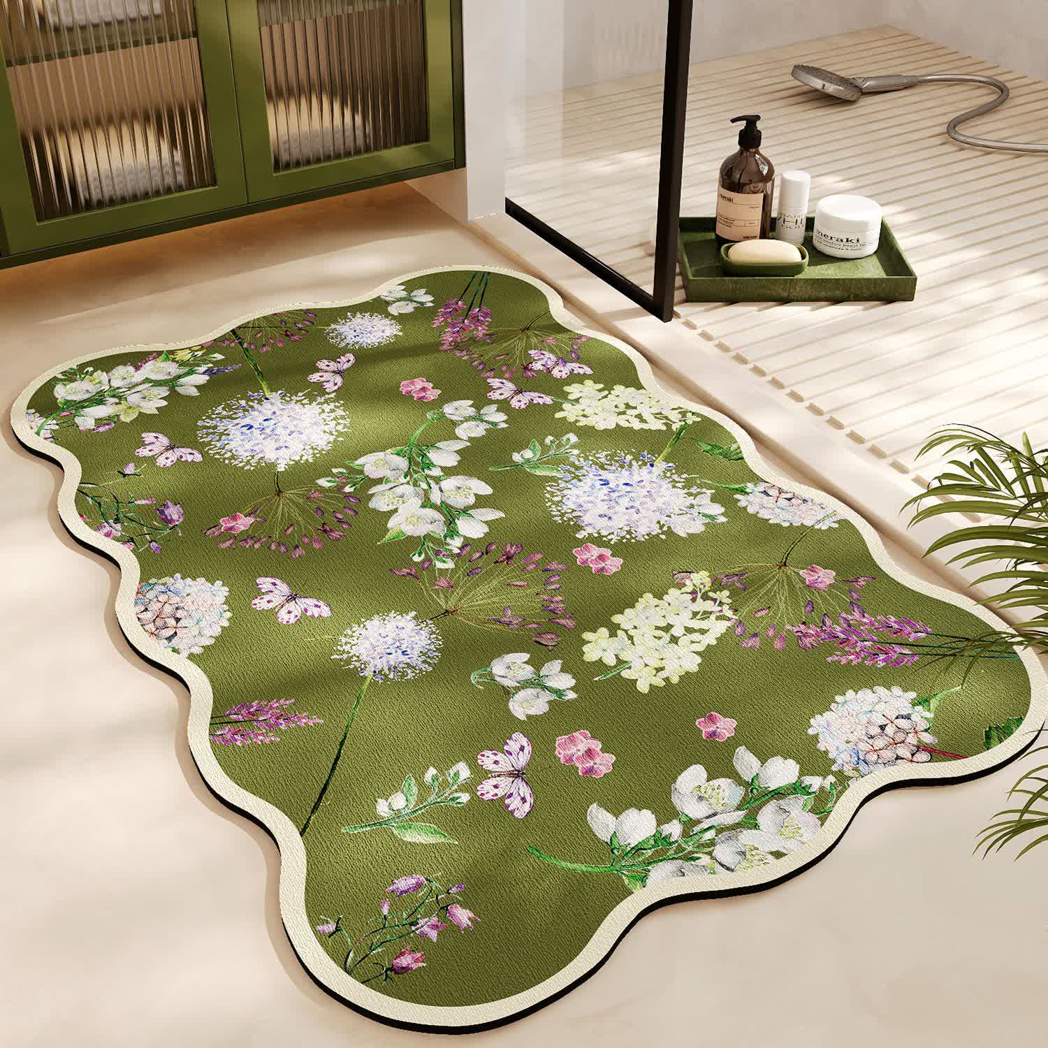 Diatom Mud Floral Anti-Slip Bath Mat | Quick Dry Water Absorbent Bathroom Rug | Botanical Floor Mat for Bathroom & Entryway