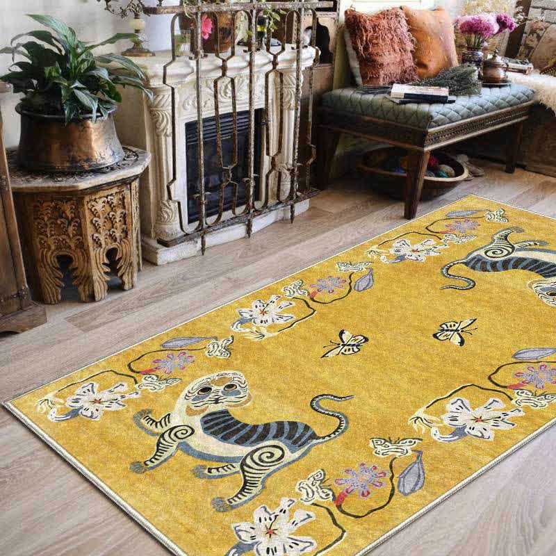 Vintage Tiger & Floral Soft Area Rug | Non-Slip Decorative Carpet for Living Room & Bedroom | Washable Polyester Floor Rug