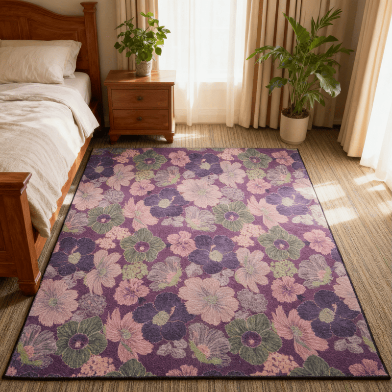 Vintage Botanical Foldable Area Rug | Anti-Slip Washable Polyester Carpet | Purple Green Floral Decorative Floor Rug | Modern Home Décor