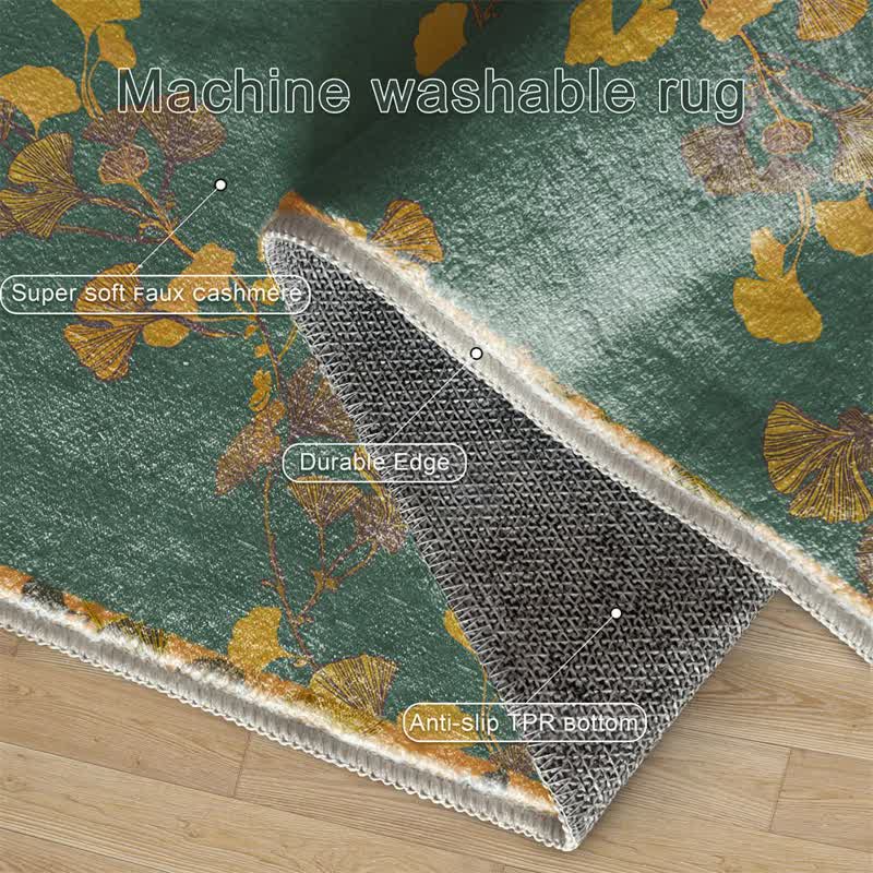 Pastoral Ginkgo Leaf Foldable Area Rug | Anti-Slip Washable Polyester Carpet | Nature-Inspired Indoor Outdoor Floor Rug | Rustic Home Décor