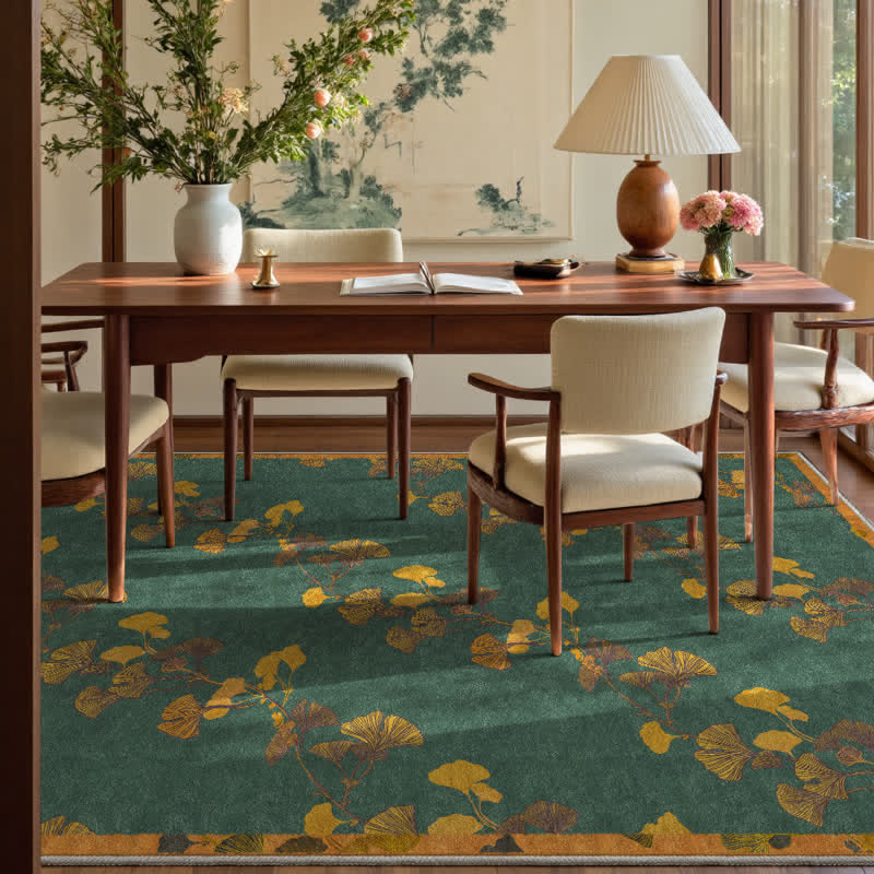 Pastoral Ginkgo Leaf Foldable Area Rug | Anti-Slip Washable Polyester Carpet | Nature-Inspired Indoor Outdoor Floor Rug | Rustic Home Décor