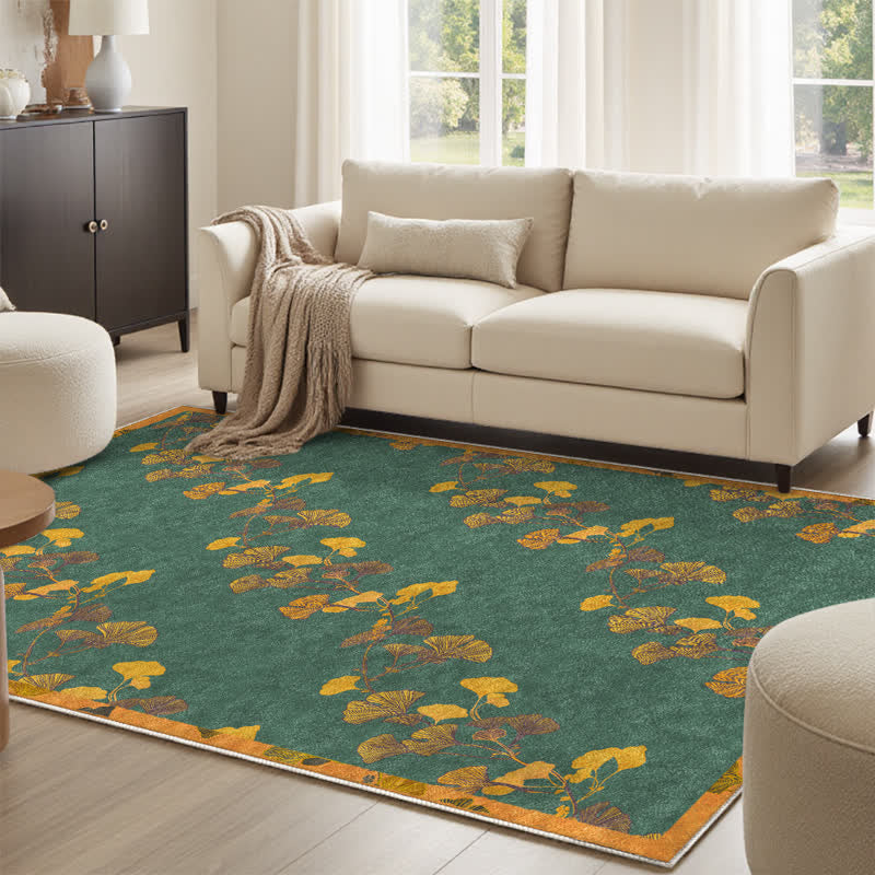 Pastoral Ginkgo Leaf Foldable Area Rug | Anti-Slip Washable Polyester Carpet | Nature-Inspired Indoor Outdoor Floor Rug | Rustic Home Décor
