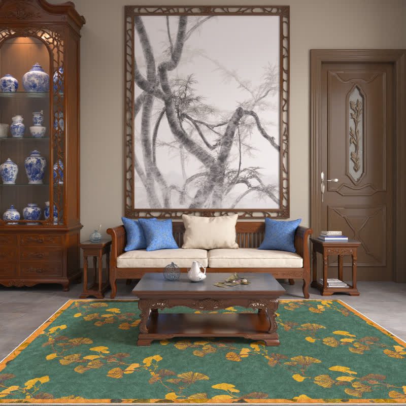 Pastoral Ginkgo Leaf Foldable Area Rug | Anti-Slip Washable Polyester Carpet | Nature-Inspired Indoor Outdoor Floor Rug | Rustic Home Décor