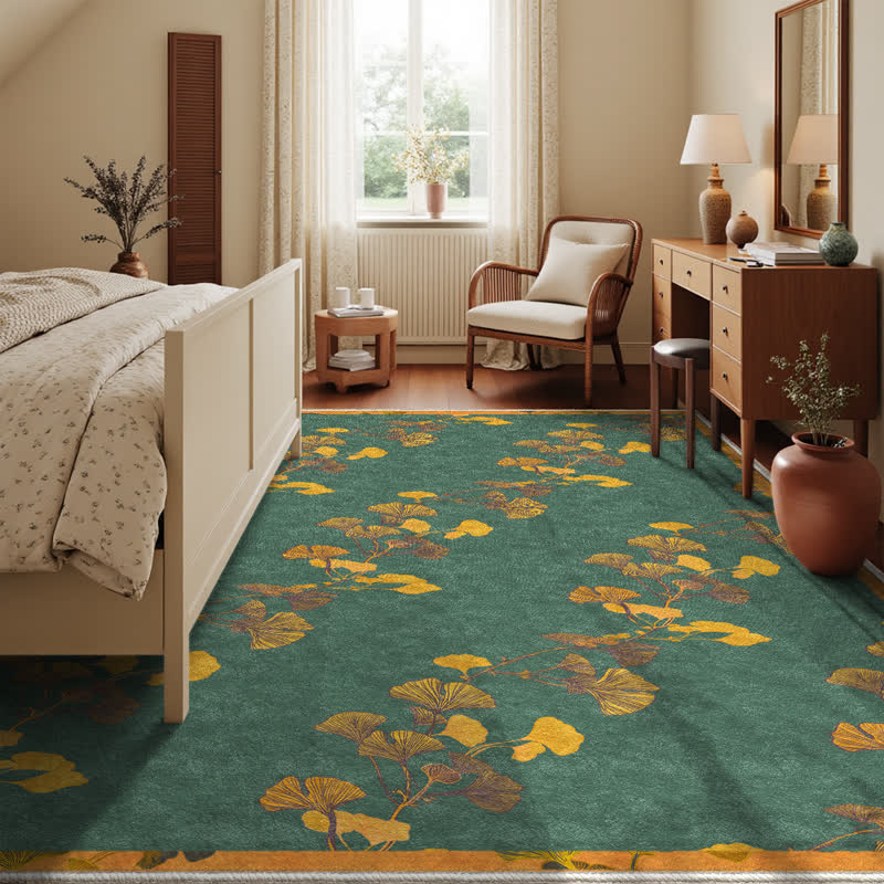 Pastoral Ginkgo Leaf Foldable Area Rug | Anti-Slip Washable Polyester Carpet | Nature-Inspired Indoor Outdoor Floor Rug | Rustic Home Décor
