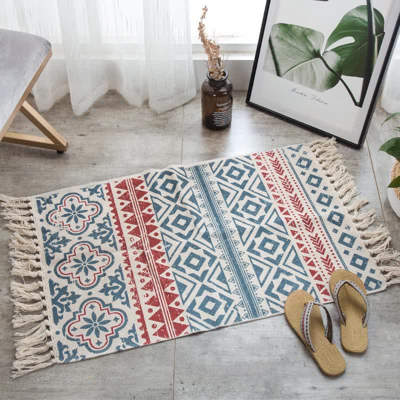 Bohemian Tassel Cotton Linen Floor Mat | Washable Hand-Woven Area Rug | Natural Anti-Fade Fabric Carpet | Minimalist Home Décor Rug
