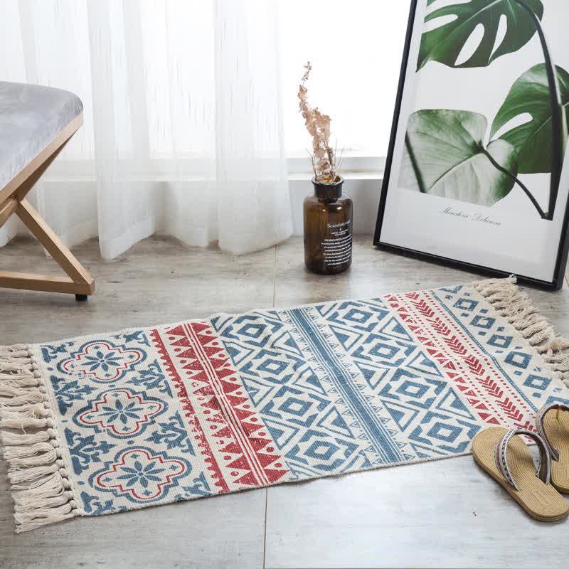 Bohemian Tassel Cotton Linen Floor Mat | Washable Hand-Woven Area Rug | Natural Anti-Fade Fabric Carpet | Minimalist Home Décor Rug