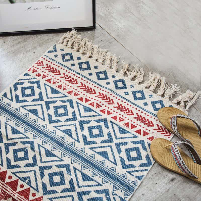Bohemian Tassel Cotton Linen Floor Mat | Washable Hand-Woven Area Rug | Natural Anti-Fade Fabric Carpet | Minimalist Home Décor Rug