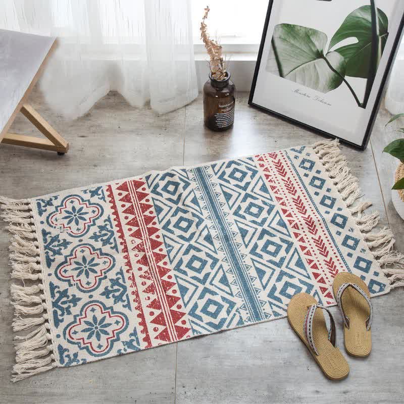 Bohemian Tassel Cotton Linen Floor Mat | Washable Hand-Woven Area Rug | Natural Anti-Fade Fabric Carpet | Minimalist Home Décor Rug