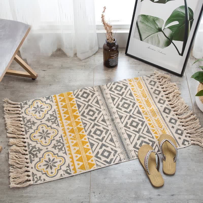 Bohemian Tassel Cotton Linen Floor Mat | Washable Hand-Woven Area Rug | Natural Anti-Fade Fabric Carpet | Minimalist Home Décor Rug