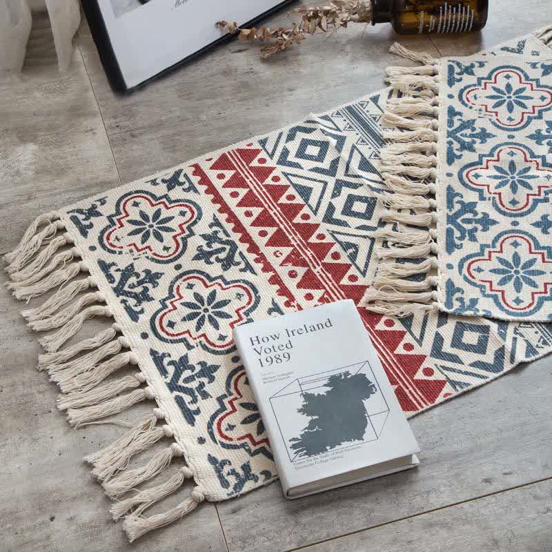 Bohemian Tassel Cotton Linen Floor Mat | Washable Hand-Woven Area Rug | Natural Anti-Fade Fabric Carpet | Minimalist Home Décor Rug