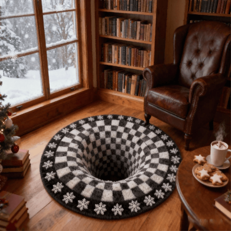 3D Black Hole Checkered Rug | Optical Illusion Non-Slip Plush Carpet | Modern Black & White Square Area Rug | Decorative Home Floor Mat