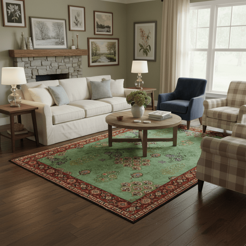 Vintage Floral Green Washable Area Rug for Living Room | Anti-Slip Foldable Carpet | Machine Washable Polyester Rug | Elegant Home Décor