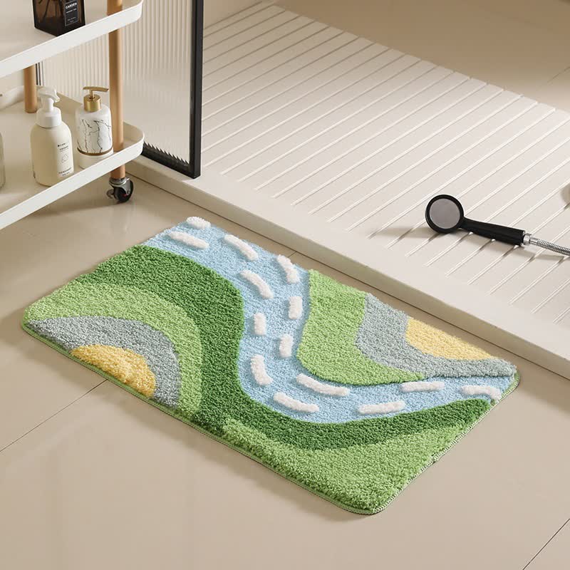 Mountain River Inspired Non-Slip Bath Mat | Quick-Dry Plush Microfiber Bathroom Rug | Absorbent Washable Polyester Bath Carpet | Nature Design